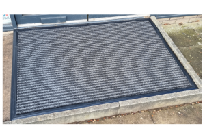 grey and black striped scraper mat